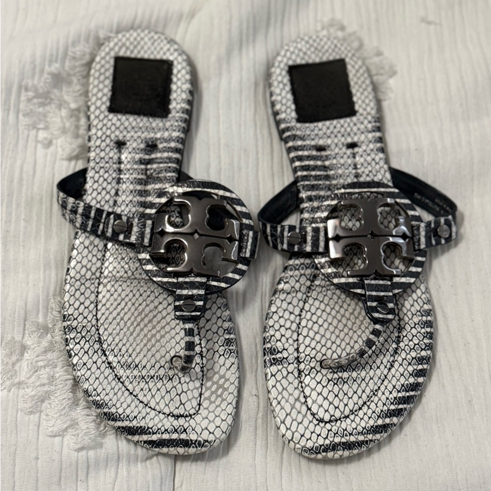 Tory Burch Black and White Sandals with Metal Embellishment